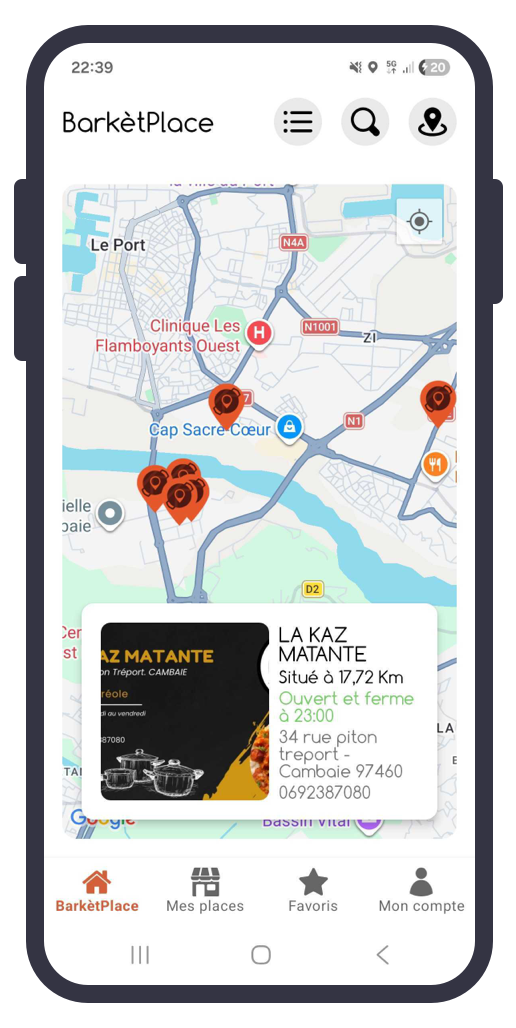 Écran principal BarkètPlace — carte et restaurateurs