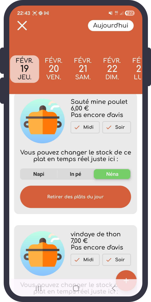 Planning des plats du jour sur plusieurs jours